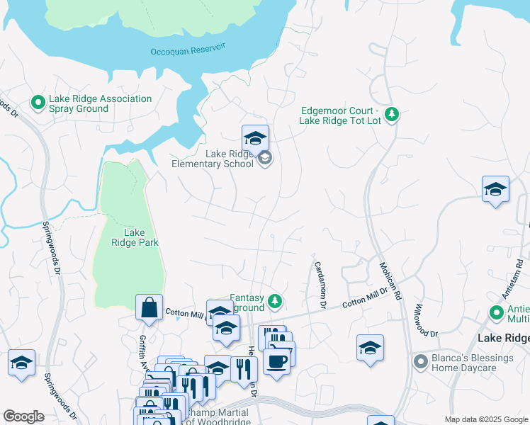 map of restaurants, bars, coffee shops, grocery stores, and more near 3450 Mount Burnside Way in Woodbridge