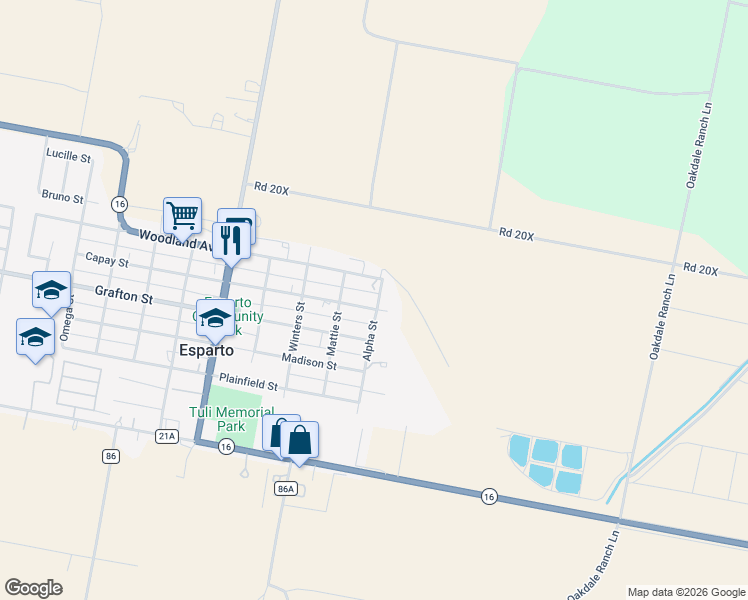 map of restaurants, bars, coffee shops, grocery stores, and more near 16876 Alpha Street in Esparto