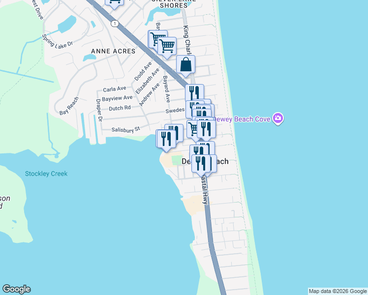 map of restaurants, bars, coffee shops, grocery stores, and more near 113 Dagsworthy Street in Dewey Beach