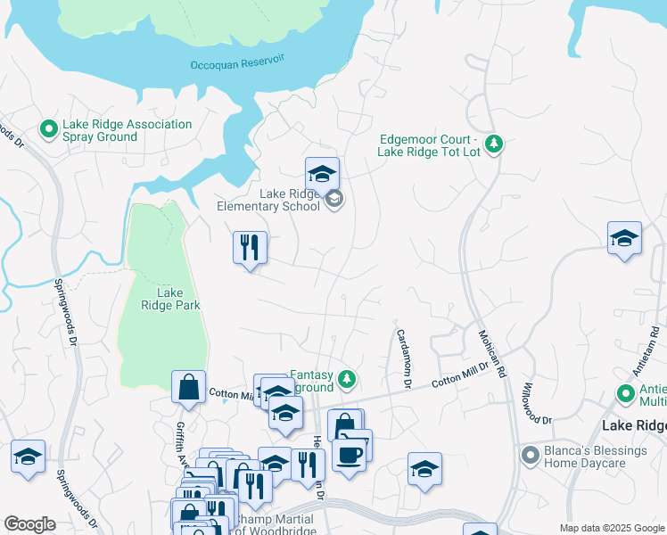 map of restaurants, bars, coffee shops, grocery stores, and more near 3450 Mount Burnside Way in Woodbridge