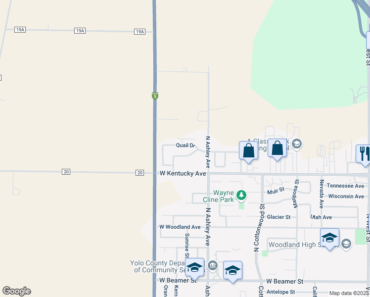 map of restaurants, bars, coffee shops, grocery stores, and more near 351 Quail Drive in Woodland