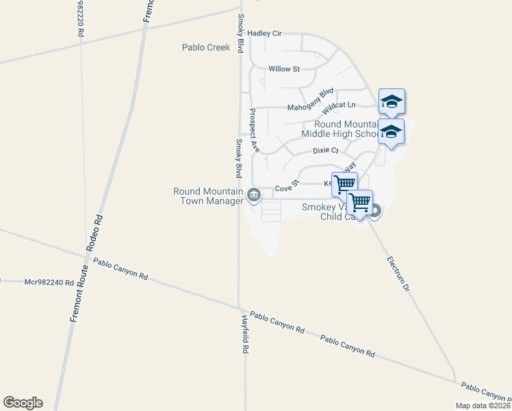 map of restaurants, bars, coffee shops, grocery stores, and more near 100 Hadley Circle in Round Mountain
