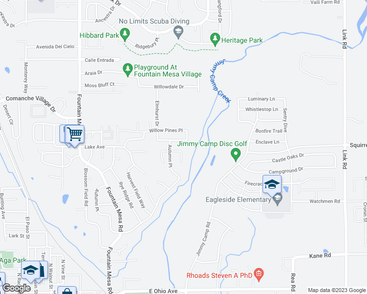 map of restaurants, bars, coffee shops, grocery stores, and more near 7650 Dellwood Lane in Fountain