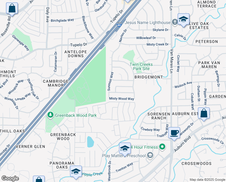 map of restaurants, bars, coffee shops, grocery stores, and more near 6341 Shady Springs Way in Citrus Heights