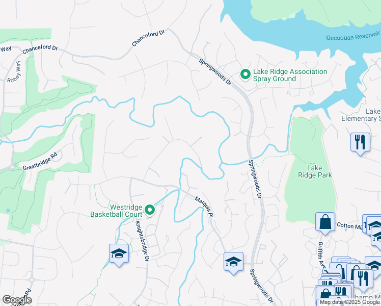map of restaurants, bars, coffee shops, grocery stores, and more near 12117 Darnley Road in Woodbridge