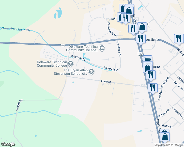 map of restaurants, bars, coffee shops, grocery stores, and more near 20346 Ennis Street in Georgetown
