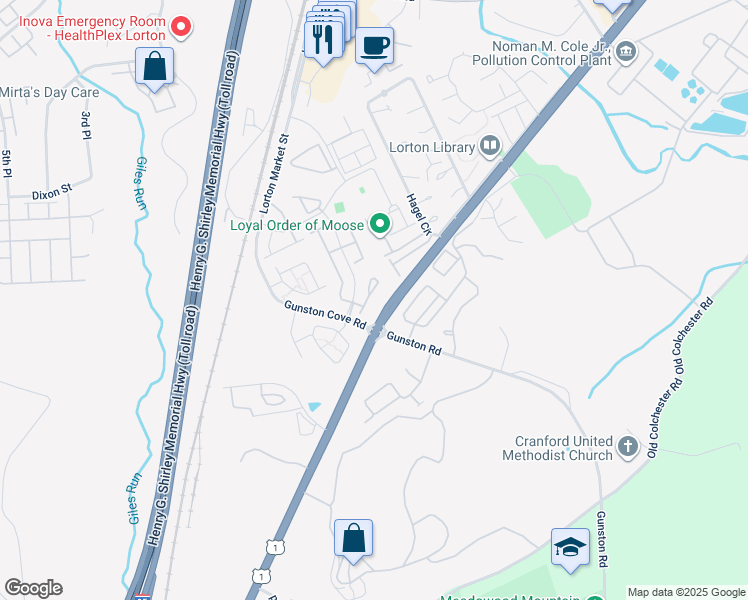 map of restaurants, bars, coffee shops, grocery stores, and more near 7920 Gunston Woods Place in Lorton