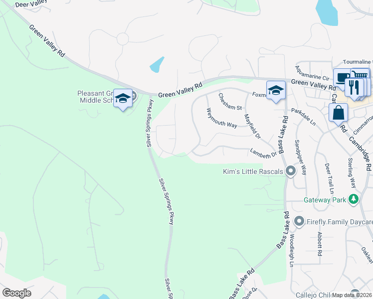 map of restaurants, bars, coffee shops, grocery stores, and more near 3433 Foxmore Ln in Rescue