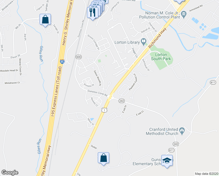 map of restaurants, bars, coffee shops, grocery stores, and more near 7920 Gunston Woods Place in Lorton