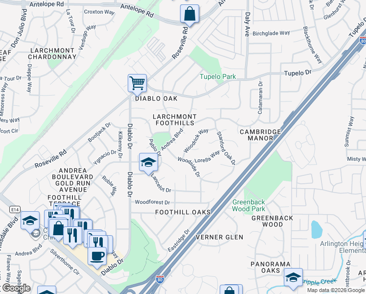map of restaurants, bars, coffee shops, grocery stores, and more near 5644 Mount Prospect Court in Sacramento