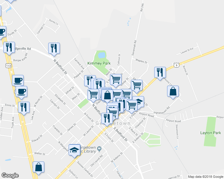 map of restaurants, bars, coffee shops, grocery stores, and more near 206 North Railroad Avenue in Georgetown