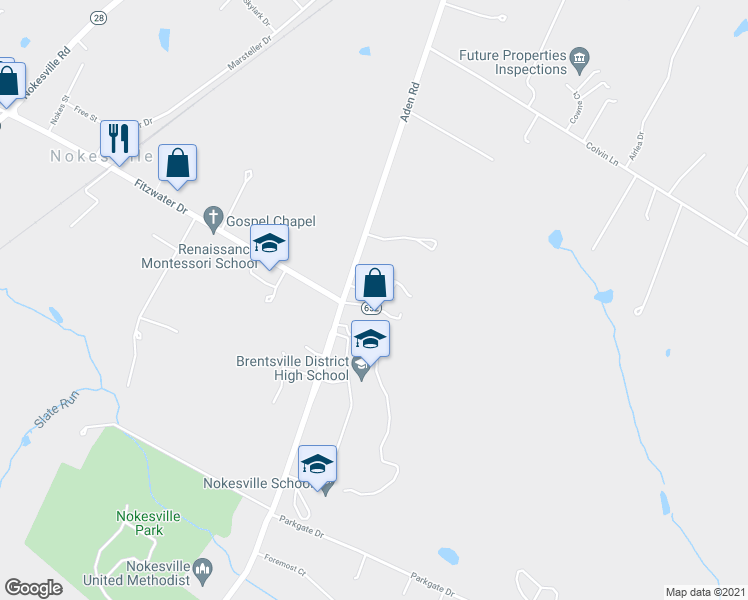 map of restaurants, bars, coffee shops, grocery stores, and more near 12009 Aden Road in Nokesville