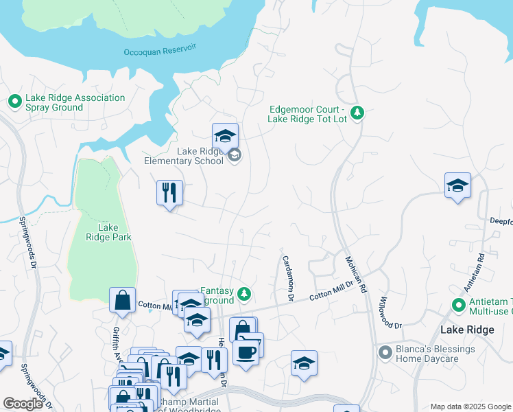 map of restaurants, bars, coffee shops, grocery stores, and more near 3442 Mount Burnside Way in Woodbridge