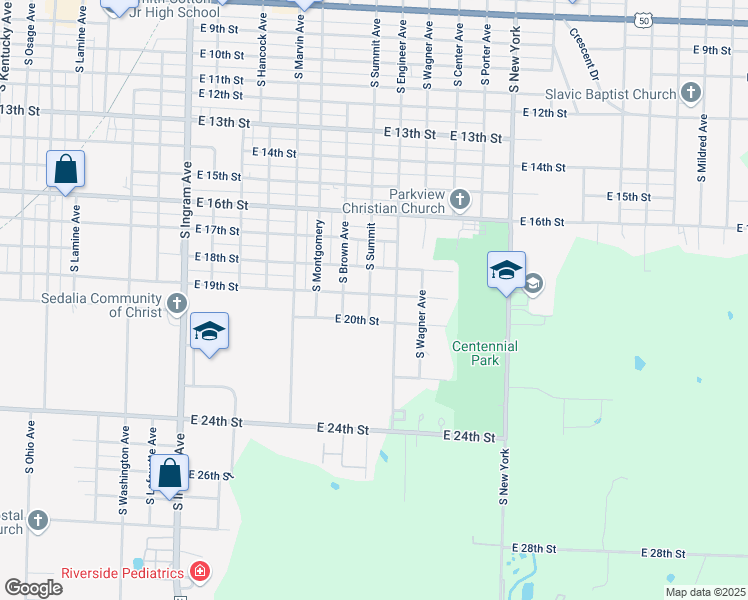 map of restaurants, bars, coffee shops, grocery stores, and more near 1100 East 19th Street in Sedalia