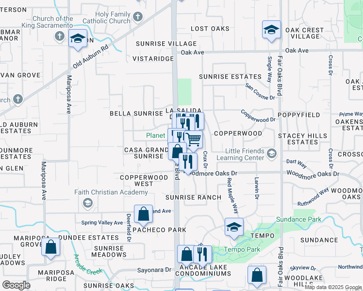 map of restaurants, bars, coffee shops, grocery stores, and more near 7016 Sunrise Boulevard in Citrus Heights