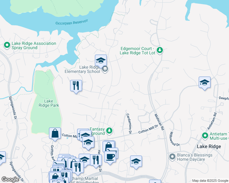 map of restaurants, bars, coffee shops, grocery stores, and more near 3442 Mount Burnside Way in Woodbridge