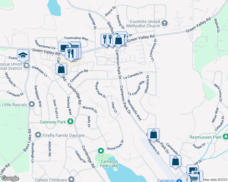 map of restaurants, bars, coffee shops, grocery stores, and more near 2784 Kaweah Court in Cameron Park