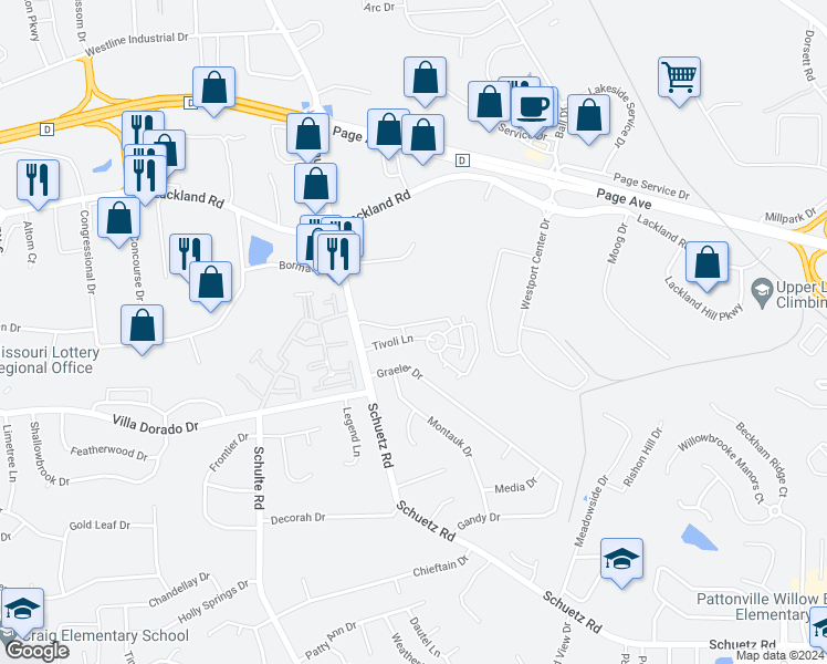 map of restaurants, bars, coffee shops, grocery stores, and more near 11563 Tivoli Lane in St. Louis