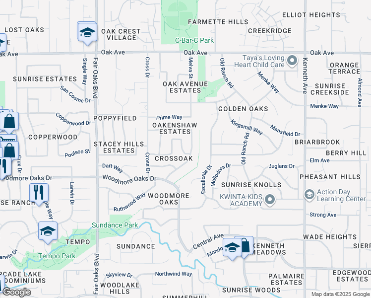 map of restaurants, bars, coffee shops, grocery stores, and more near 8313 Crossoak Way in Orangevale