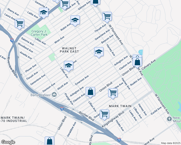 map of restaurants, bars, coffee shops, grocery stores, and more near 5221 Emerson Avenue in St. Louis