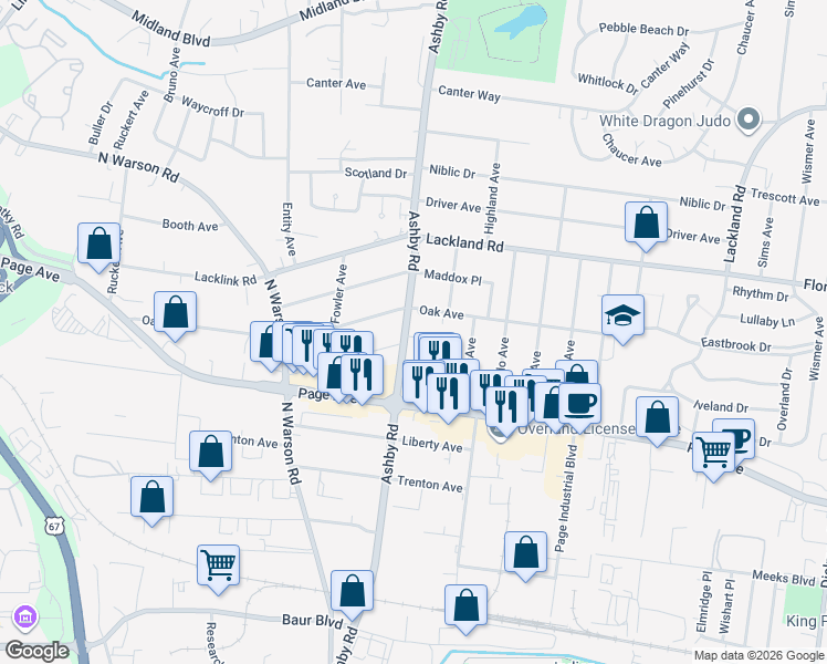 map of restaurants, bars, coffee shops, grocery stores, and more near 1820 Ashby Road in Overland