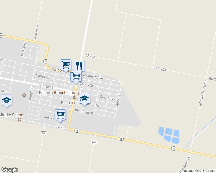 map of restaurants, bars, coffee shops, grocery stores, and more near 26866 Capay Street in Esparto