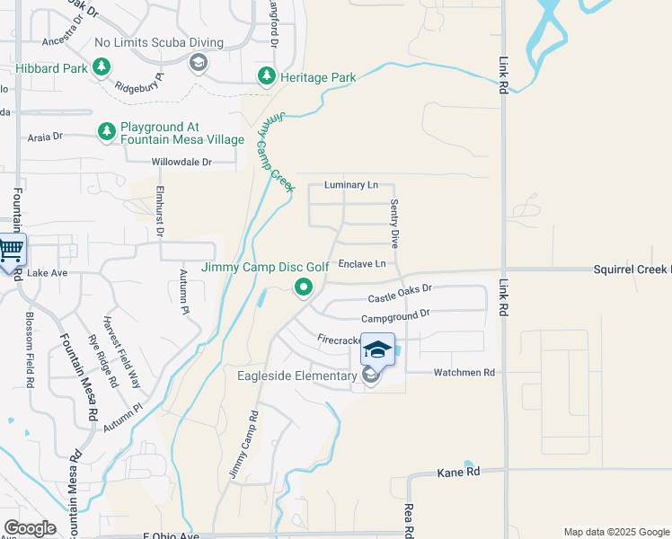 map of restaurants, bars, coffee shops, grocery stores, and more near 7911 Enclave Lane in Fountain