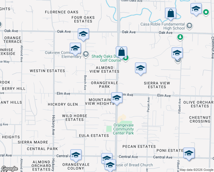 map of restaurants, bars, coffee shops, grocery stores, and more near 7024 Bobby Street in Orangevale