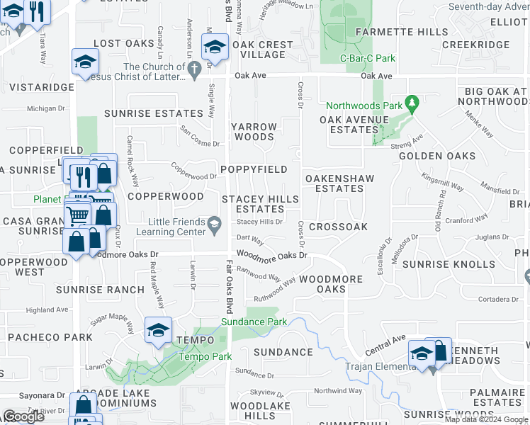 map of restaurants, bars, coffee shops, grocery stores, and more near 7007 Yarrow Way in Citrus Heights