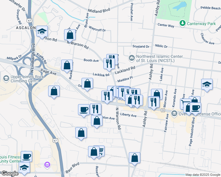 map of restaurants, bars, coffee shops, grocery stores, and more near 10715 Oak Avenue in St. Louis