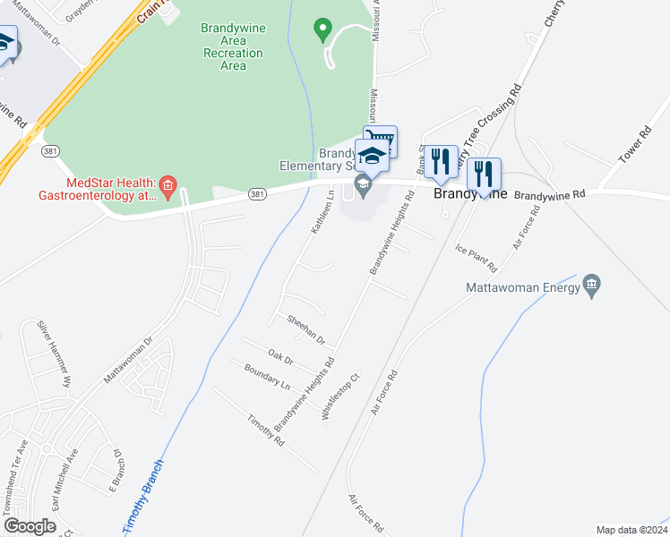 map of restaurants, bars, coffee shops, grocery stores, and more near 8813 Charm Court in Brandywine