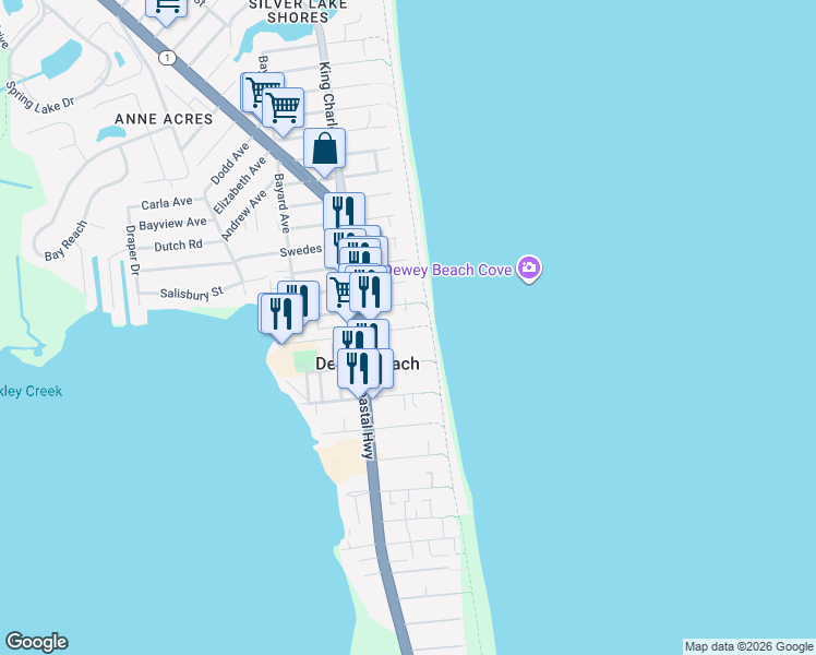 map of restaurants, bars, coffee shops, grocery stores, and more near 5 Dagsworthy Street in Dewey Beach