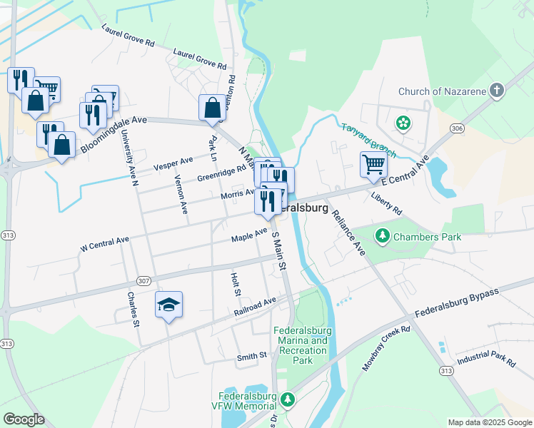 map of restaurants, bars, coffee shops, grocery stores, and more near 102 West Central Avenue in Federalsburg