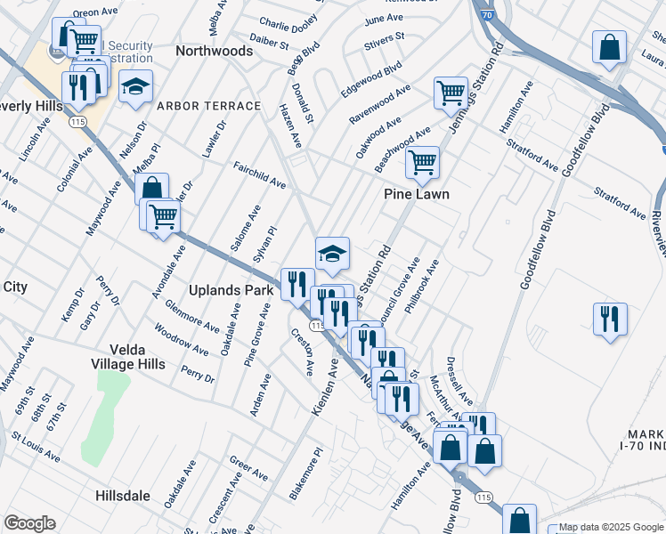 map of restaurants, bars, coffee shops, grocery stores, and more near 6239 Vetter Place in St. Louis