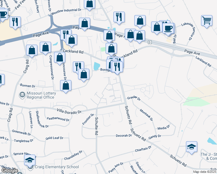 map of restaurants, bars, coffee shops, grocery stores, and more near 1833 Misty Moss Drive in St. Louis