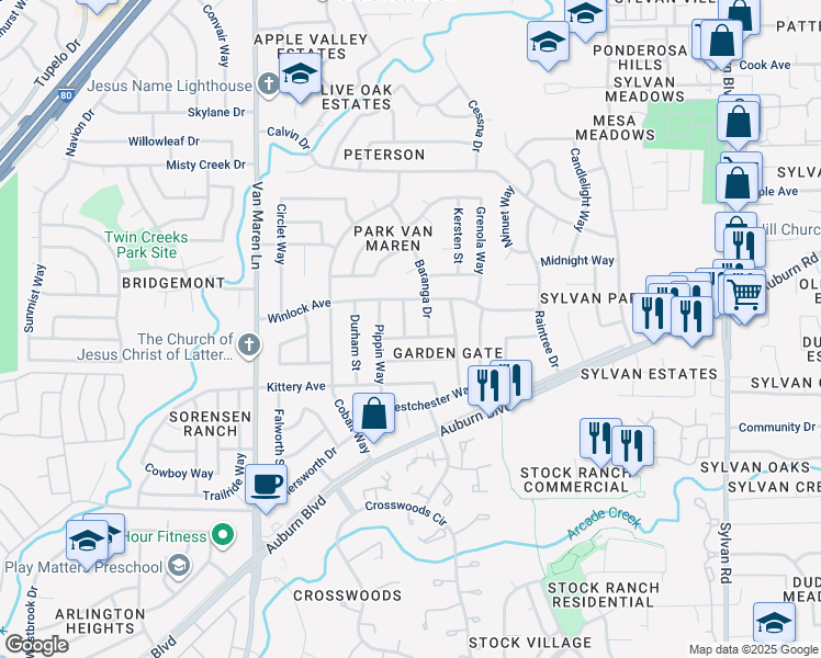 map of restaurants, bars, coffee shops, grocery stores, and more near in Citrus Heights