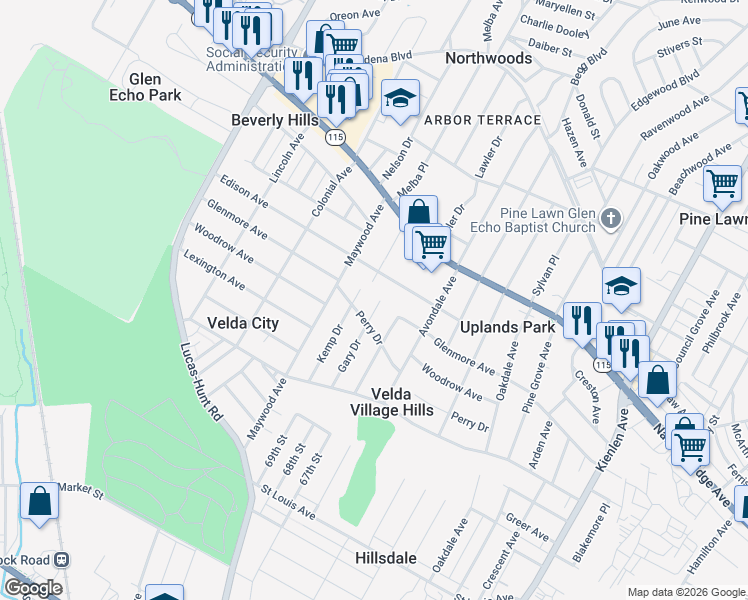 map of restaurants, bars, coffee shops, grocery stores, and more near 3215 Gary Drive in St. Louis