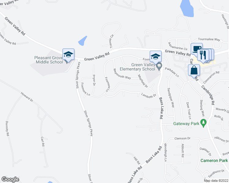 map of restaurants, bars, coffee shops, grocery stores, and more near 3505 Lambeth Drive in Rescue