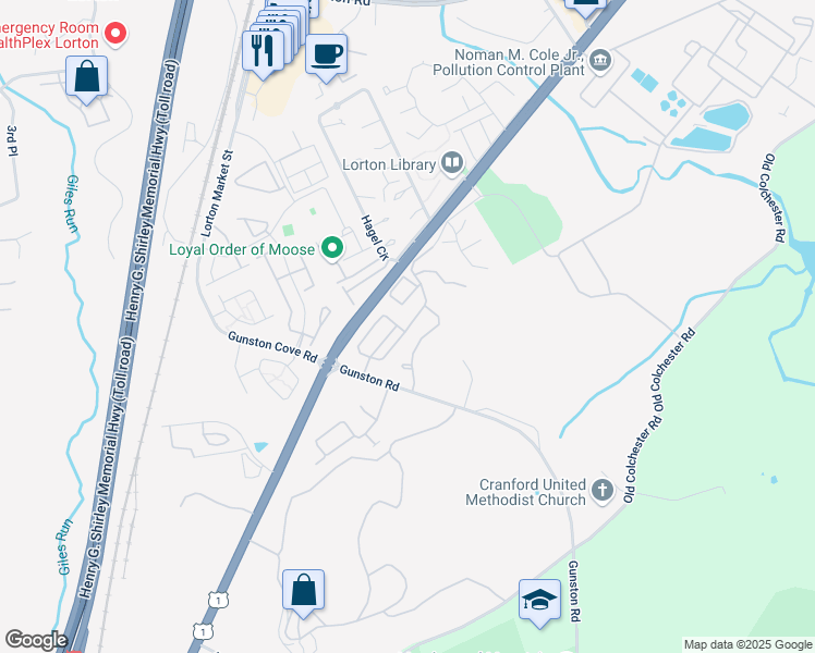 map of restaurants, bars, coffee shops, grocery stores, and more near 7855 Cranford Farm Circle in Lorton