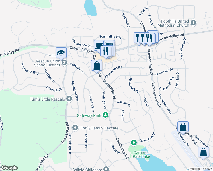 map of restaurants, bars, coffee shops, grocery stores, and more near 2706 Cambridge Road in Cameron Park