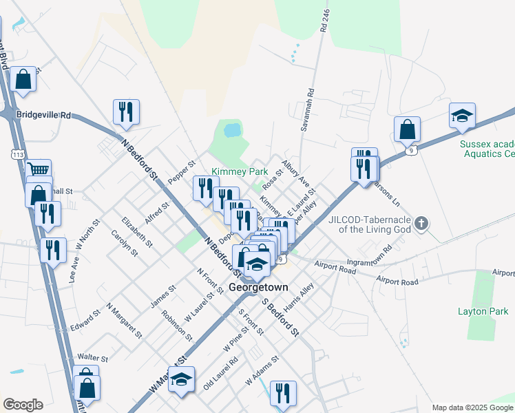 map of restaurants, bars, coffee shops, grocery stores, and more near 206 North Railroad Avenue in Georgetown