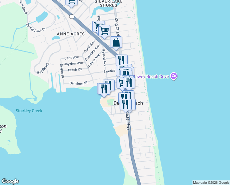 map of restaurants, bars, coffee shops, grocery stores, and more near 113 Dagsworthy Street in Dewey Beach