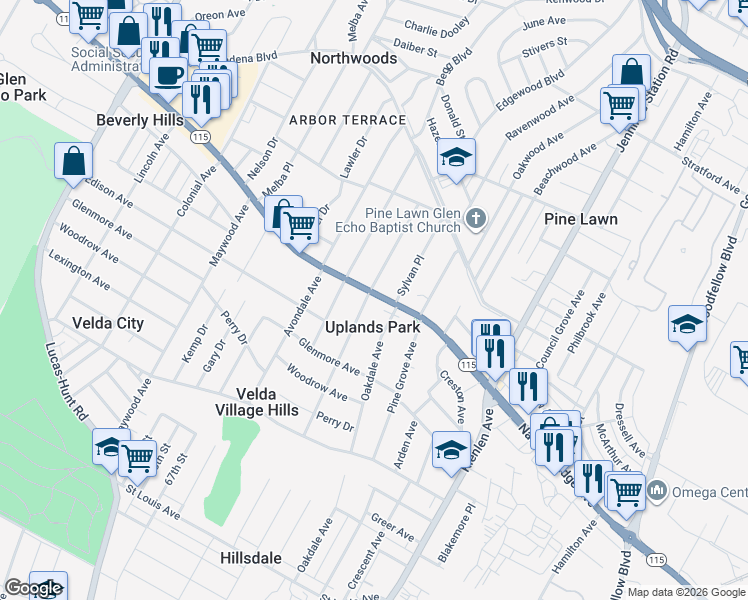 map of restaurants, bars, coffee shops, grocery stores, and more near 3650 Ridgedale Avenue in St. Louis