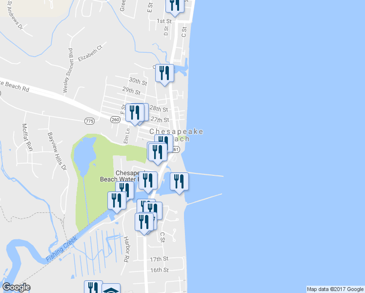 map of restaurants, bars, coffee shops, grocery stores, and more near 8187 Windward Key Drive in Chesapeake Beach