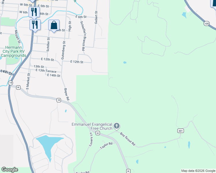 map of restaurants, bars, coffee shops, grocery stores, and more near Schieffer's Branch Drive in Hermann