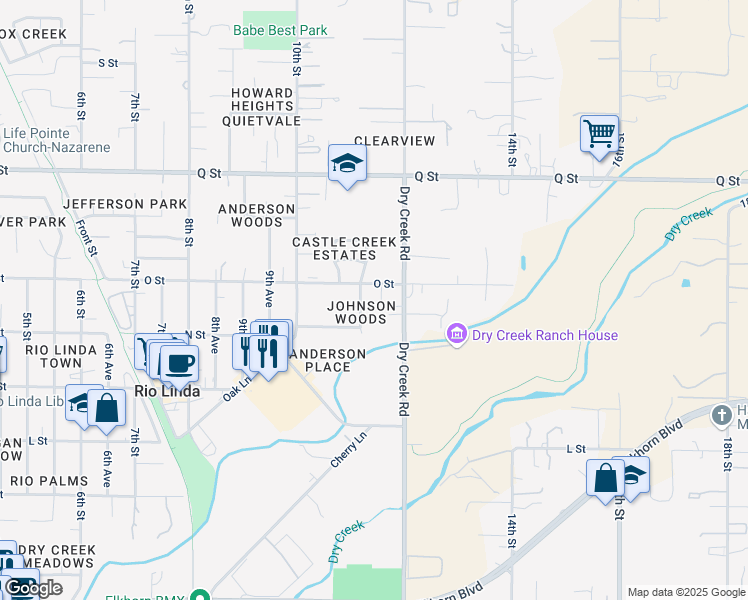 map of restaurants, bars, coffee shops, grocery stores, and more near 6937 Alvilde Court in Rio Linda