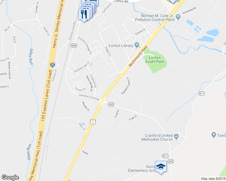 map of restaurants, bars, coffee shops, grocery stores, and more near 7881 Cranford Farm Circle in Lorton