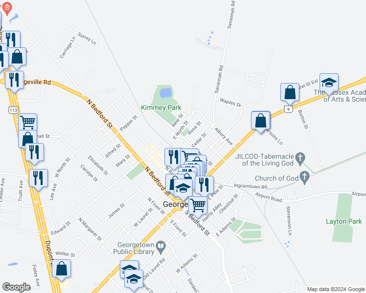 map of restaurants, bars, coffee shops, grocery stores, and more near 206 North Railroad Avenue in Georgetown