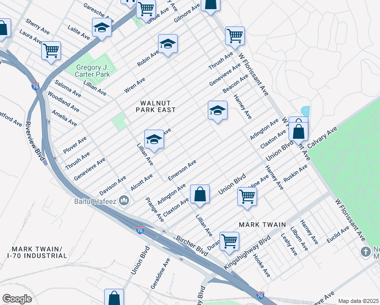 map of restaurants, bars, coffee shops, grocery stores, and more near 5221 Emerson Avenue in St. Louis