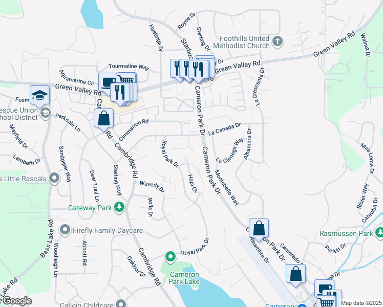 map of restaurants, bars, coffee shops, grocery stores, and more near 2784 Kaweah Court in Cameron Park